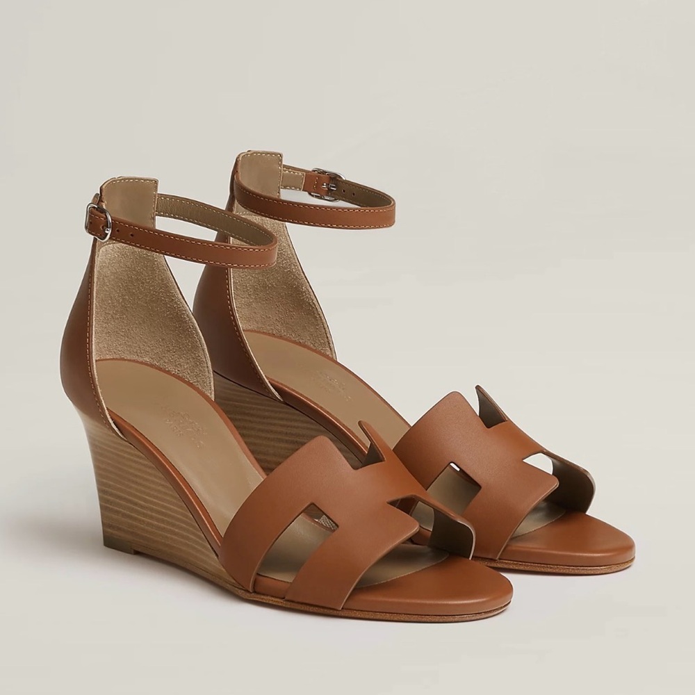 Hermes Legend Brown Wedge Sandals, 36